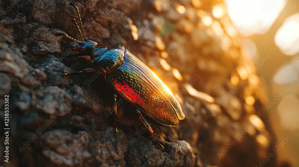 Fototapeta premium Iridescent beetle on bark, sunset background, nature macro