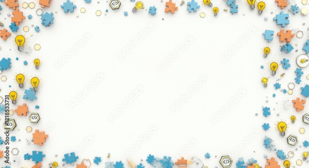 Scattered puzzle pieces and lightbulbs on white background, symbolizing ideas solutions Scattered puzzle pieces and lightbulbs on white background, symbolizing ideas solutions