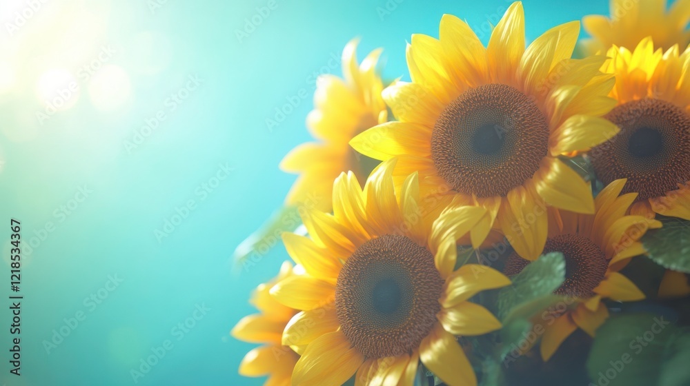 Fototapeta premium Bright Sunflowers in a Joyful Bouquet against Blue Background