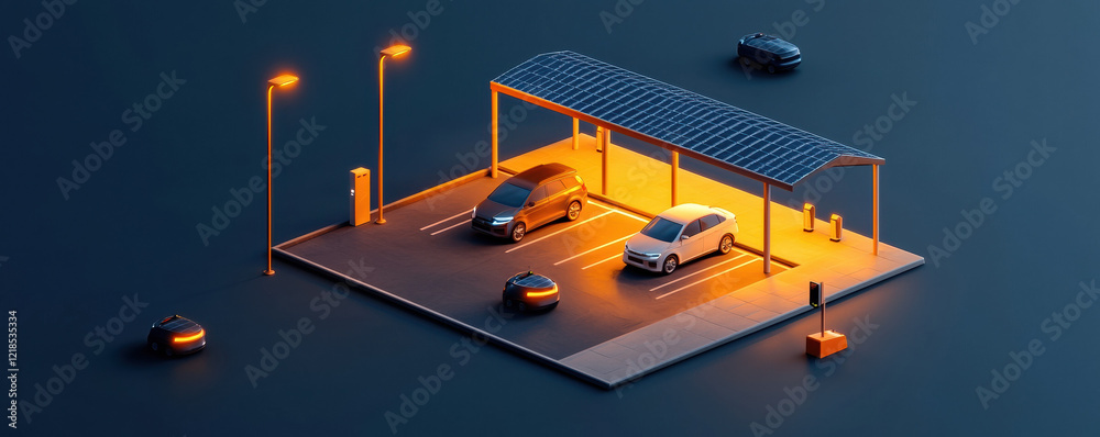 Naklejka premium Modern outdoor car park with solar panels and electric vehicle charging stations