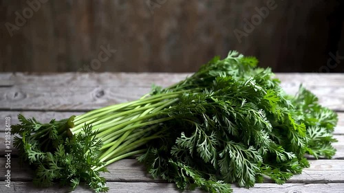 A vibrant bunch of fresh parsley with crisp green leaves, resting on a rustic wooden table.