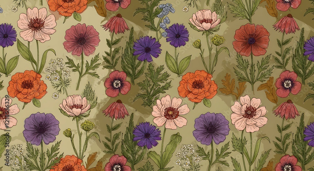 Wildflower motifs with intricate details, arranged in a balanced repeating pattern Wildflower motifs with intricate details, arranged in a balanced repeating pattern