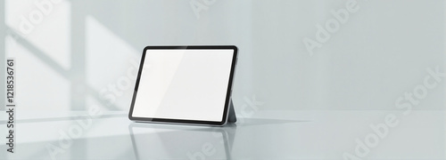 Tablet mockup in landscape orientation on reflective surface
