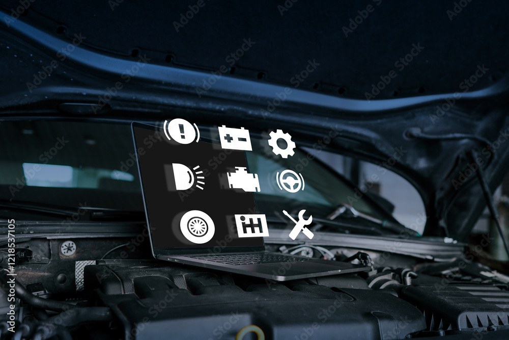 Naklejka premium Open car hood with laptop placed on the engine, displaying virtual automotive icons for diagnostics and maintenance. Concept of modern vehicle inspection and repair using technology