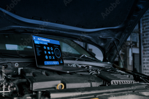 Wallpaper Mural Laptop on car engine displaying automotive diagnostic software for autoservice, showcasing modern tools used in vehicle repair and maintenance technology Torontodigital.ca