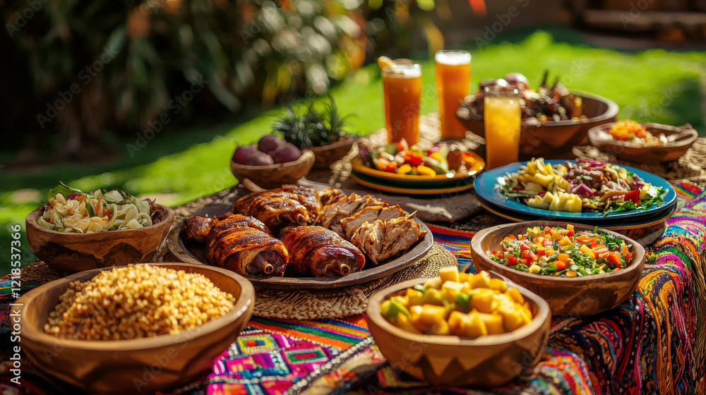 Fototapeta premium Vibrant Peruvian Inti Raymi Festival Meal with Colorful Dishes and Fresh Ingredients