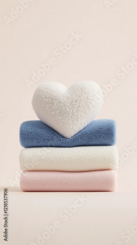 A soft, fluffy white towel folded into a heart shape and placed on top of a neatly stacked blue, white, and pink towel pile against a light background, representing relaxation, love, and self-care.