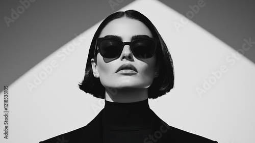 Stylish woman with slicked back hair wearing sunglasses in black and white