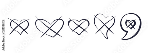 Crossed Hearts and Broken Love Symbols. Hand drawn crossed-out hearts and broken love symbols in sketch style isolated on white background. Doodle elements for romance, breakup relationship concept.