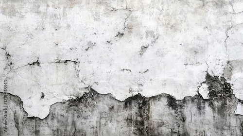 A Weathered, Cracked Wall With Peeling White Paint Revealing Dark, Aged Underlayers.  The Texture Is Rough And Uneven, Creating A Dramatic, Gritty Look. photo