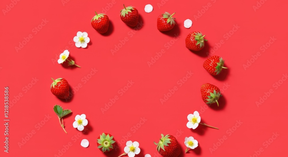 Fresh strawberries and white flowers arranged in circle on red background Fresh strawberries and white flowers arranged in circle on red background