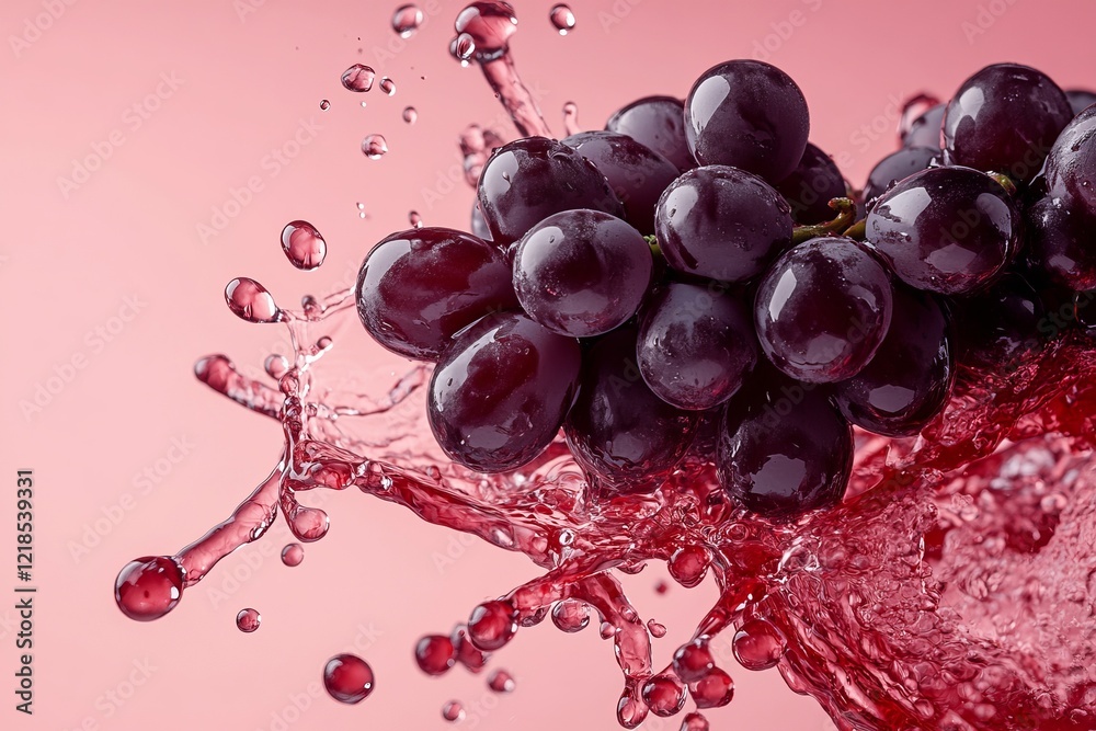 Fresh red grapes create dynamic splash against pink backdrop showcasing vibrant colors and textures
