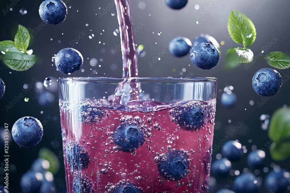 A vibrant, fresh blueberry beverage is being poured into a glass, creating dynamic splashes all around, accompanied by plump blueberries