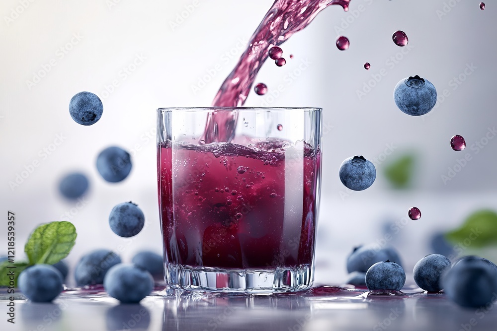 Fresh blueberry juice being poured into a glass surrounded by fresh blueberries and mint leaves on a light surface