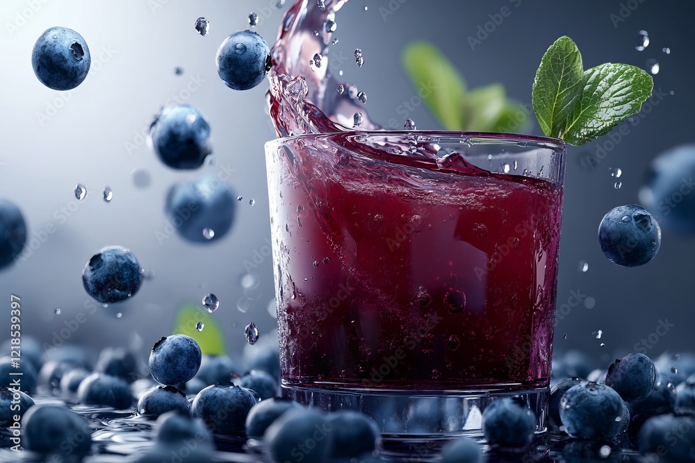 Refreshing blueberry drink splashes in a glass surrounded by fresh blueberries and droplets of water