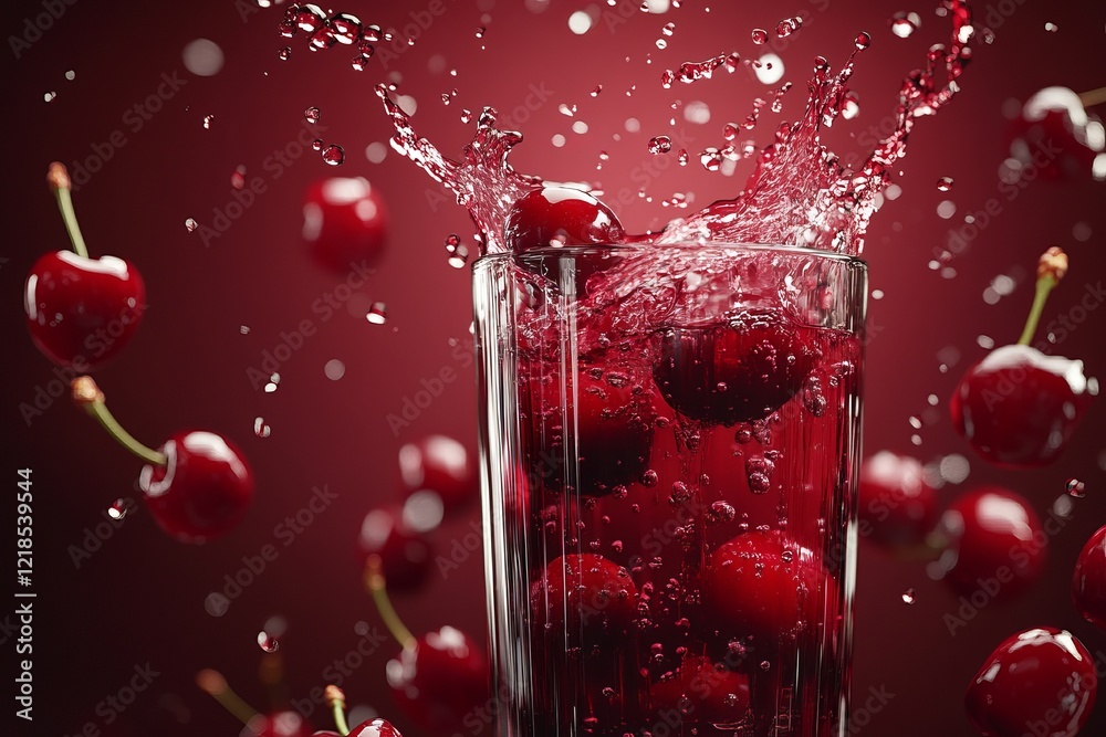 A refreshing cherry splash fills a glass, set against a vibrant red backdrop, perfectly capturing the essence of a lively summer gathering