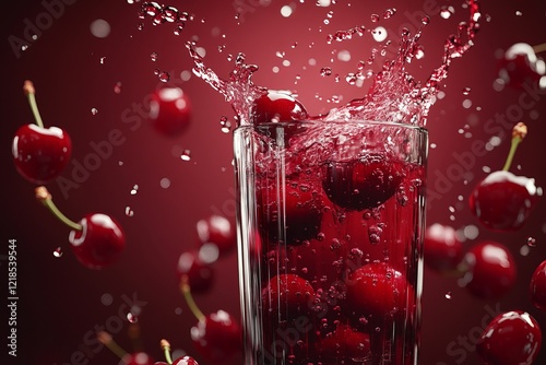 Obraz na płótnie A refreshing cherry splash fills a glass, set against a vibrant red backdrop, perfectly capturing the essence of a lively summer gathering w salonie