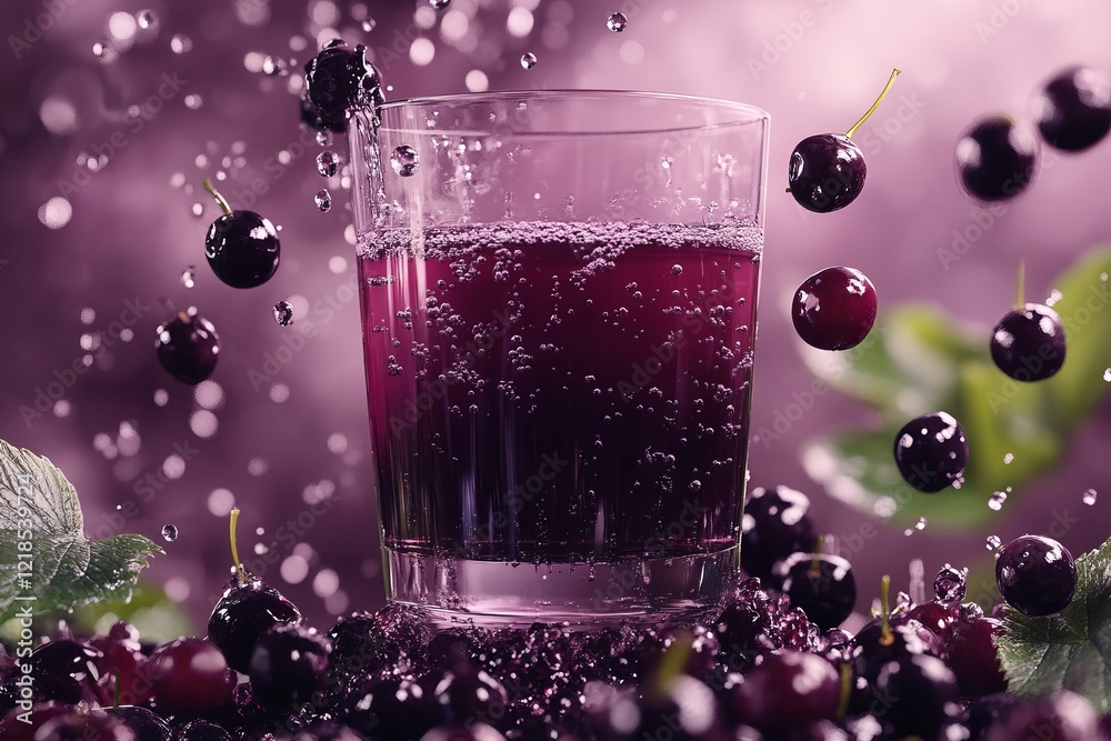 Bubbly cherry beverage surrounded by fresh cherries with droplets captured in vibrant summer colors