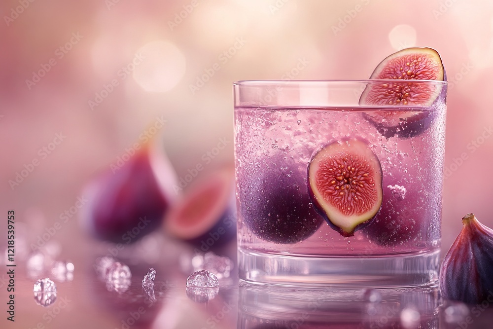 Refreshing glass of sparkling drink with fresh figs on a background of soft pink tones during a summer afternoon