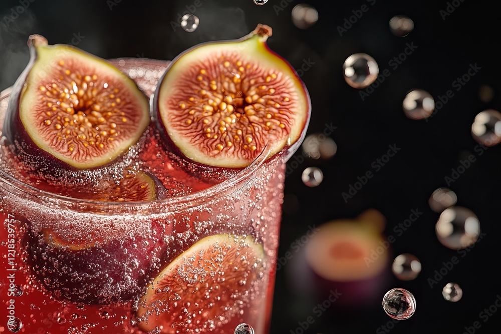 Bubbles rise around fresh fig slices in a sparkling drink served in a clear glass against a dark background