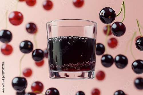 Obraz na płótnie Bubbles in a glass with cherries floating against a soft pink background showcasing a refreshing drink experience w salonie