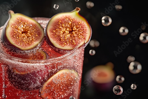 Obraz na płótnie Bubbles rise around fresh fig slices in a sparkling drink served in a clear glass against a dark background w salonie