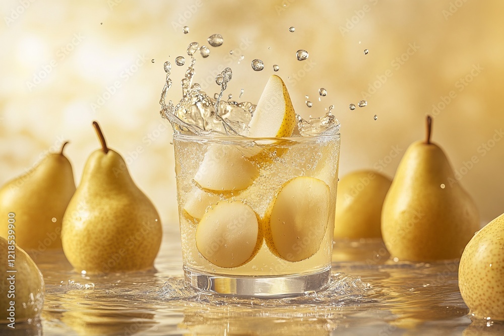 Fresh pears and sparkling water create a refreshing splash in a glass surrounded by whole pears for a vibrant summer drink