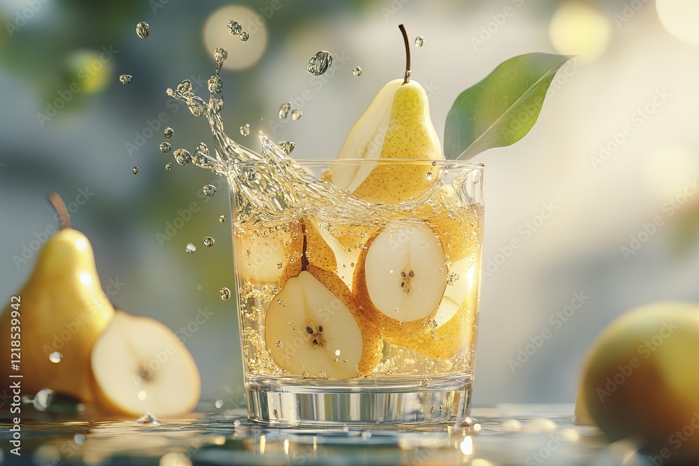 Refreshing beverage with sliced pears and bubbles captured in bright natural light during a sunny afternoon