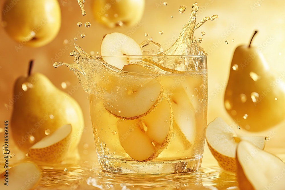 Refreshing pear drink with sliced fruit splashing in golden liquid under warm lighting during a summer gathering