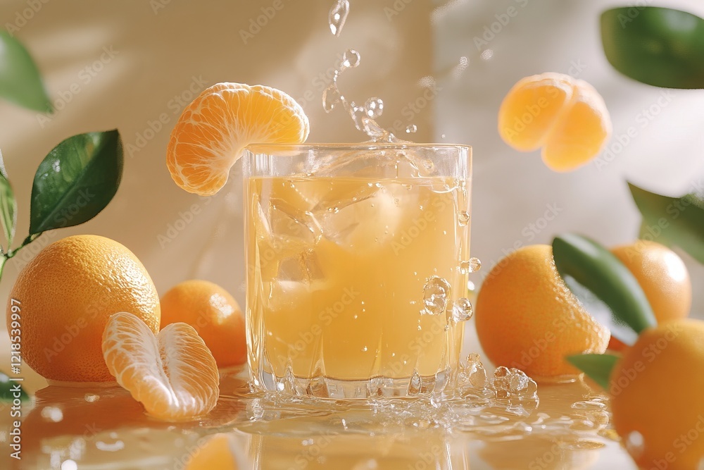 A revitalizing citrus beverage accented with bursts of vibrant tangerines, beautifully displayed against a bright, airy backdrop