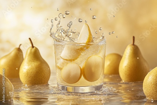 Fresh pears and sparkling water create a refreshing splash in a glass surrounded by whole pears for a vibrant summer drink