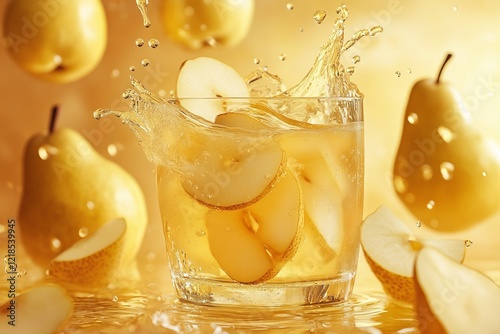Obraz na płótnie Refreshing pear drink with sliced fruit splashing in golden liquid under warm lighting during a summer gathering w salonie