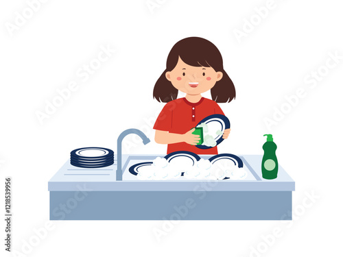 Illustration of Girl Washing Dishes in the Kitchen
