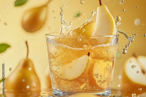 Refreshing pear beverage splashing with fruit slices in a vibrant setting, capturing a lively moment of enjoyment