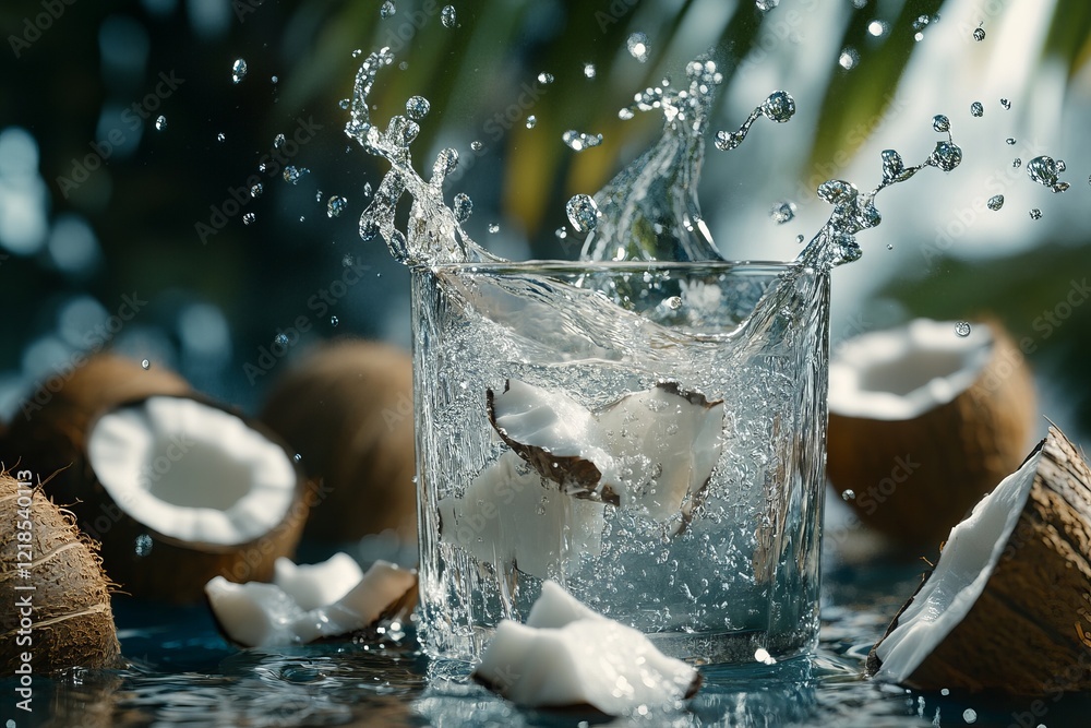 Coconut water splashes into a glass surrounded by fresh coconuts during a sunny afternoon in a tropical setting