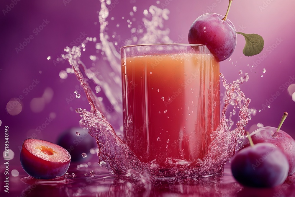 Refreshing plum juice garnished with fresh plums splashes into a glass on a vibrant purple background, capturing the essence of summer in a drink