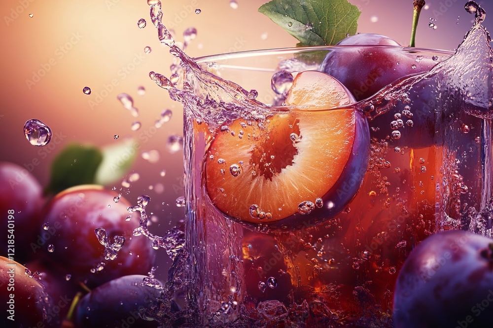 A vibrant and refreshing plum drink splashes merrily in a glass, beautifully surrounded by an array of ripe plums under the enchanting glow of the golden hour