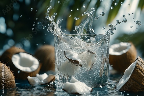 Obraz na płótnie Coconut water splashes into a glass surrounded by fresh coconuts during a sunny afternoon in a tropical setting w salonie