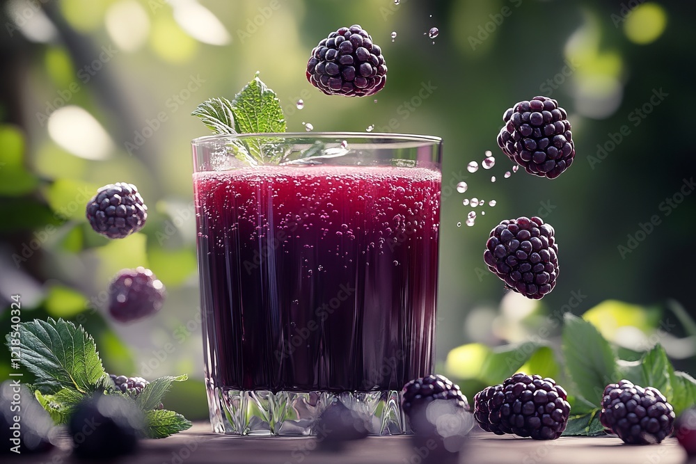 A refreshing blackberry drink adorned with floating pieces of fruit and fragrant mint, all set against the backdrop of a lush garden during the enchanting golden hour