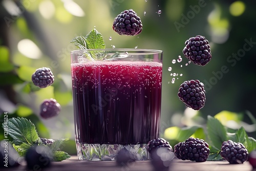 Obraz na płótnie A refreshing blackberry drink adorned with floating pieces of fruit and fragrant mint, all set against the backdrop of a lush garden during the enchanting golden hour w salonie