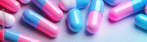 Macro shot of red, blue, and purple pills. Bright colors and smooth surface create a futuristic feel. photo