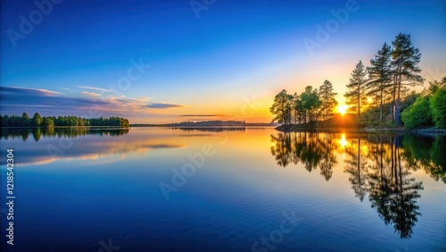 Sunset on a calm lake with a clear blue sky background and trees reflected in the water, serene, reflection,  serene
