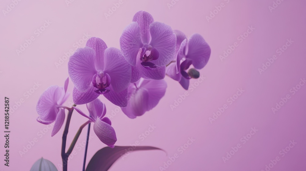 Obraz premium Beautiful purple orchids blooming against a soft pink background, showcasing vibrant colors and delicate petals