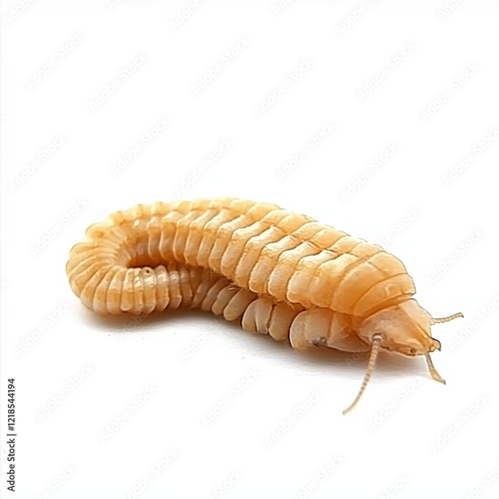 Pale orange segmented insect curled on white. Pale orange segmented insect curled on white.