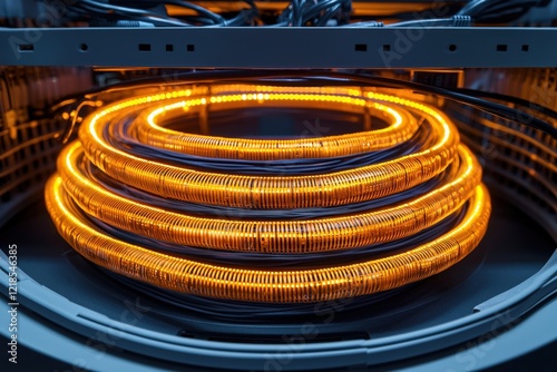 A close-up view of glowing heating coils inside an appliance, showcasing intricate details and the warm, bright illumination they emit.