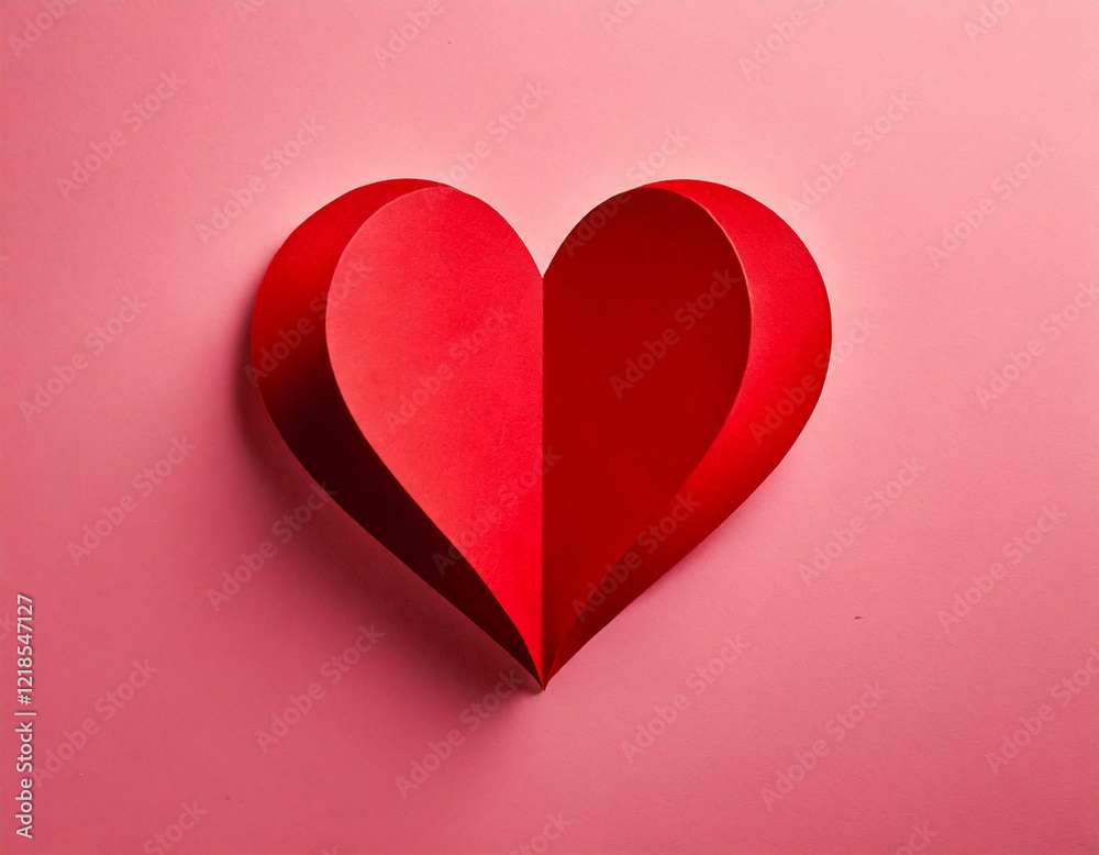 Fototapeta premium Red paper heart isolated on soft pink background 