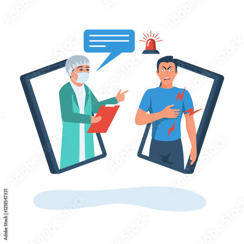 Online doctor. The patient calls the doctor with heart attack. Sick heart. Heartache, cardiac muscle failure stroke. Man holds hand on chest. Healthcare and cardiology medicine. Human internal organ.