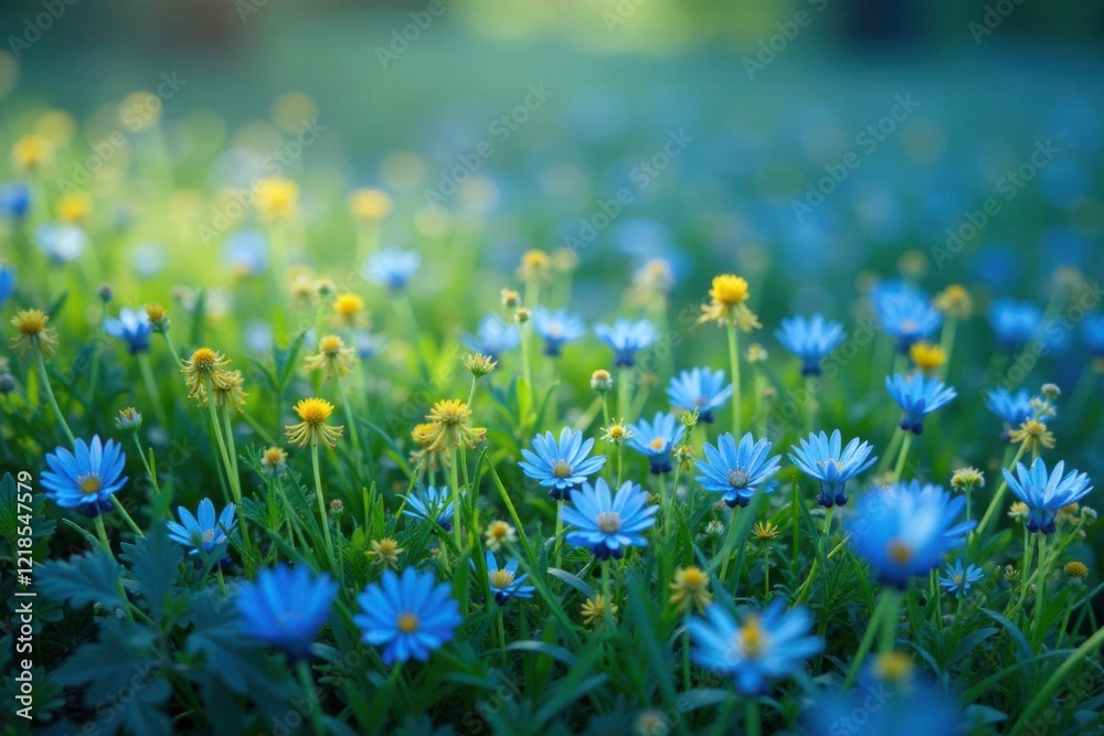 Fototapeta premium A carpet of cyanthillium cinereum in shades of blue and yellow with delicate stems hanging from a grass-like plant, meadow, blue