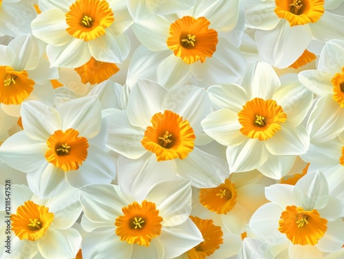 A Seamless Pattern of White Daffodils with Orange Trumpets