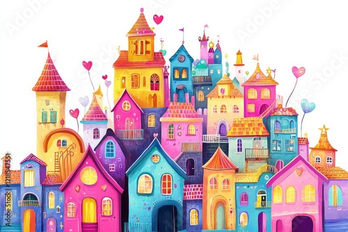  illustration of colorful whimsical village houses 